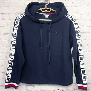 |•TOMMY HILFIGER•| Navy Signature Sleeve Hooded Sweatshirt / Hoodie Size Medium